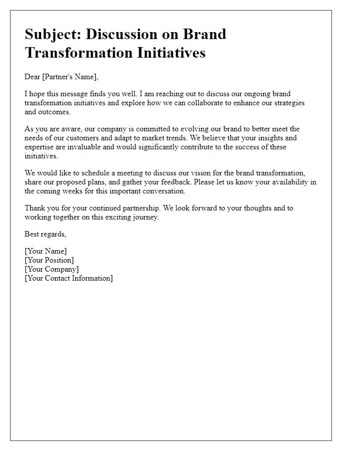 Letter template of discussing brand transformation initiatives with partners