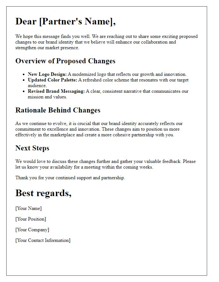 Letter template of proposed changes in brand identity for partners