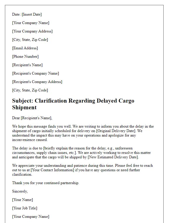 Letter template of clarification on delayed cargo for partners