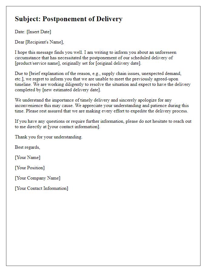 Letter template of explanation for postponed delivery to business associates