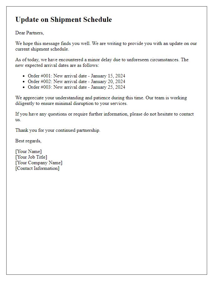 Letter template of update on shipment schedule for partners