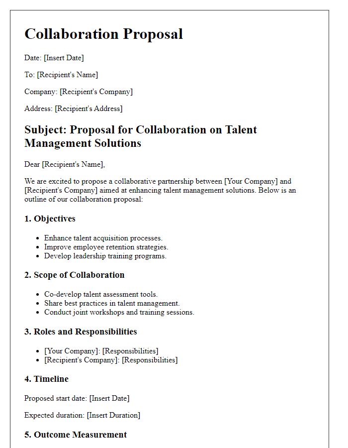 Letter template of collaboration outline for talent management solutions.