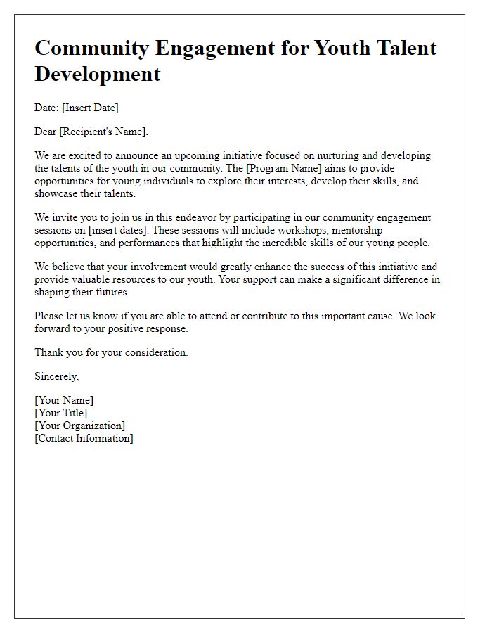 Letter template of community engagement for youth talent development.