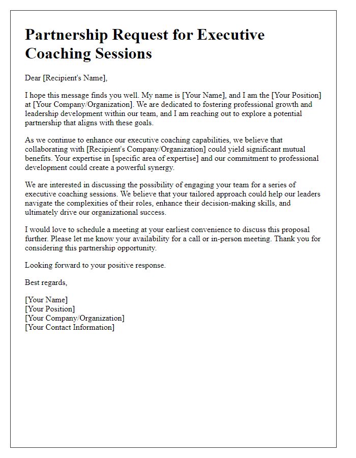 Letter template of partnership request for executive coaching sessions.