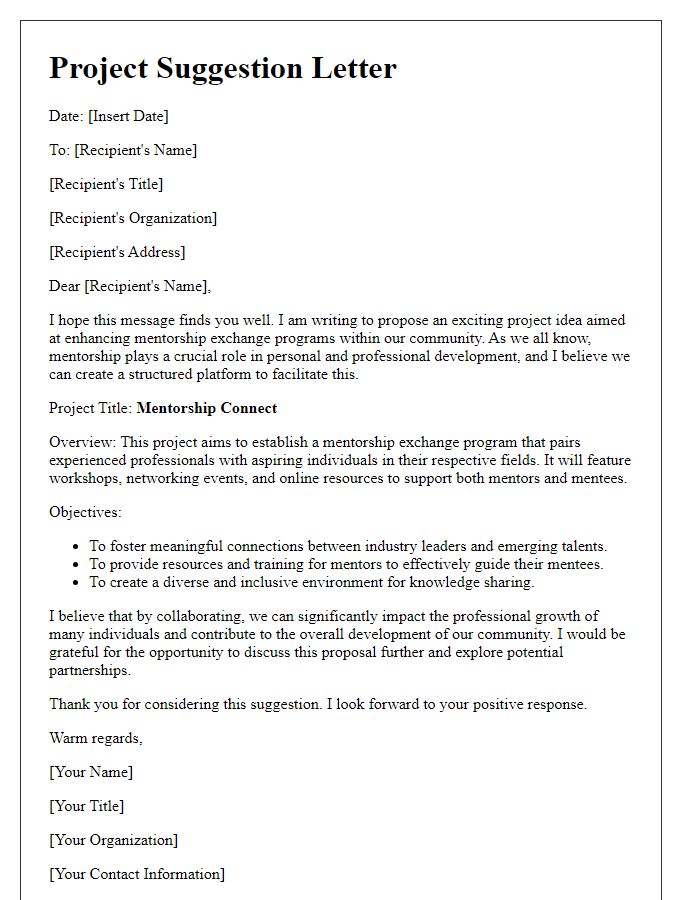 Letter template of project suggestion for mentorship exchange programs.