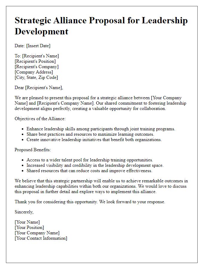 Letter template of strategic alliance for leadership development opportunities.