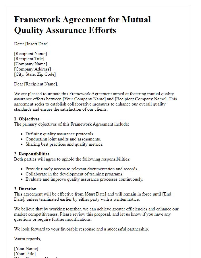 Letter template of framework agreement for mutual quality assurance efforts.