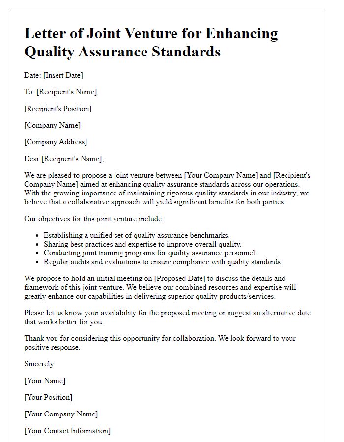 Letter template of joint venture for enhancing quality assurance standards.