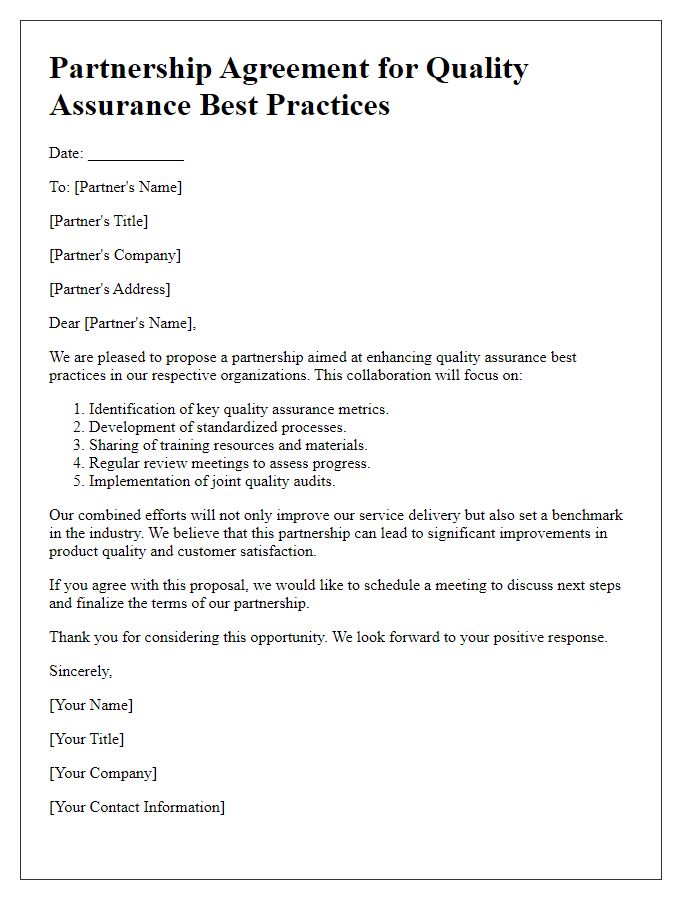 Letter template of partnership outline for quality assurance best practices.