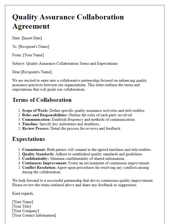 Letter template of quality assurance collaboration terms and expectations.