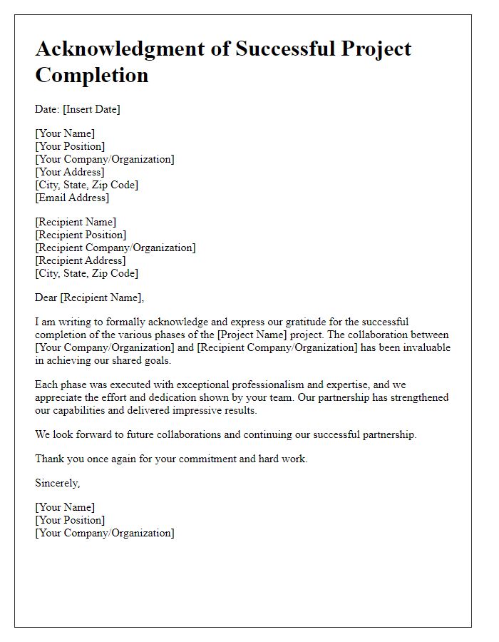 Letter template of acknowledgment for the successful completion of project phases with partners.