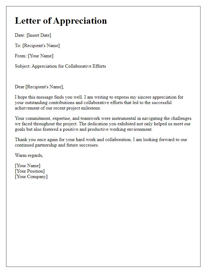 Letter template of appreciation for collaborative efforts on project milestone achievement.