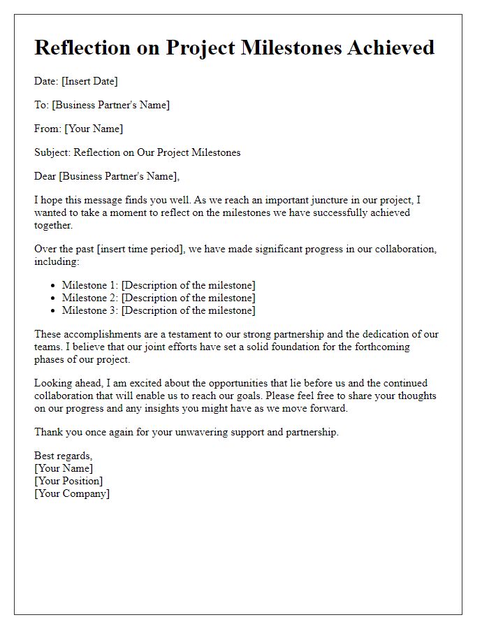 Letter template of reflection on project milestones achieved alongside business partners.