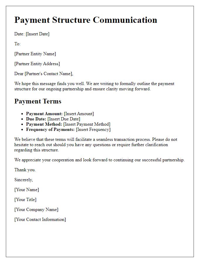 Letter template of communication addressing payment structures with partner entity.