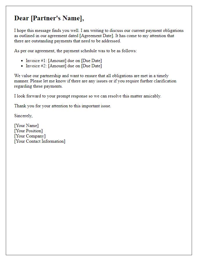 Letter template of discussion regarding payment obligations with business partner.