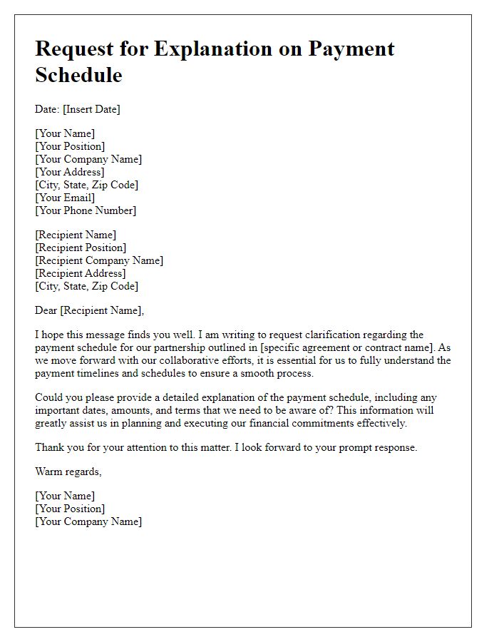 Letter template of explanation request on payment schedule for partnership.