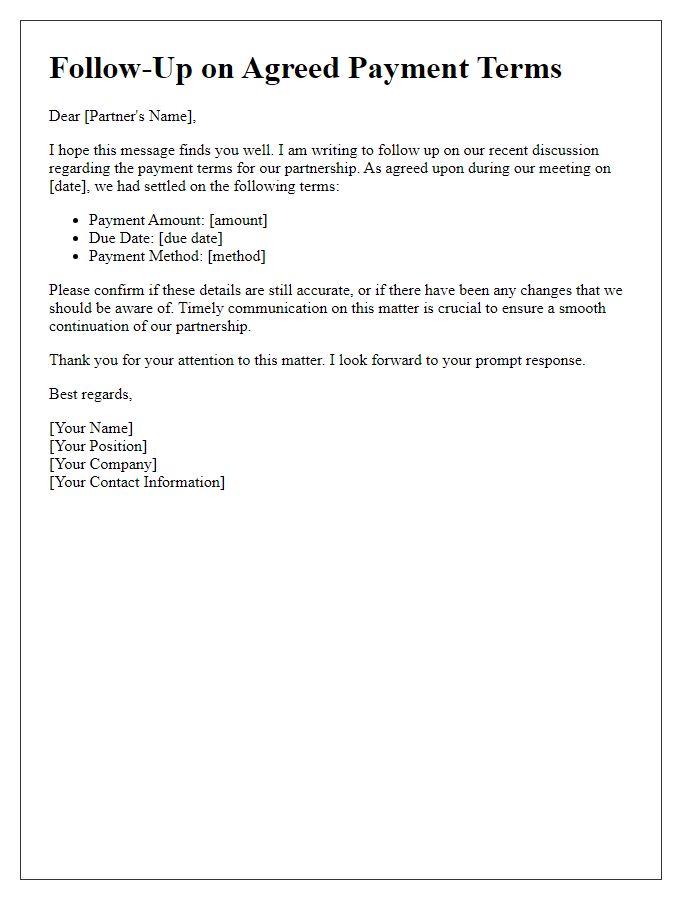Letter template of follow-up concerning agreed payment terms for partnership.