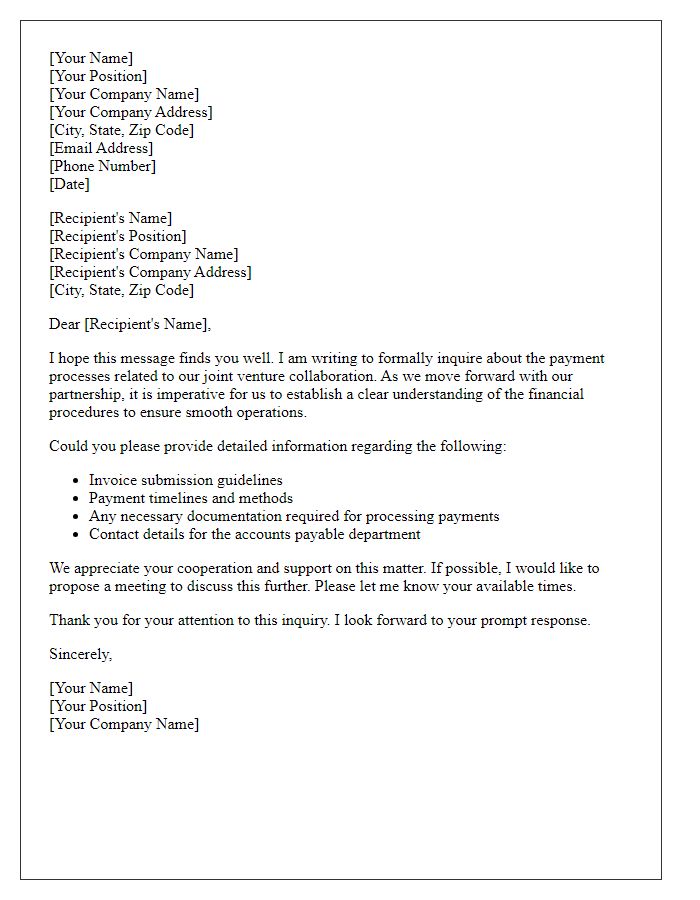 Letter template of formal inquiry into payment processes for joint venture collaboration.