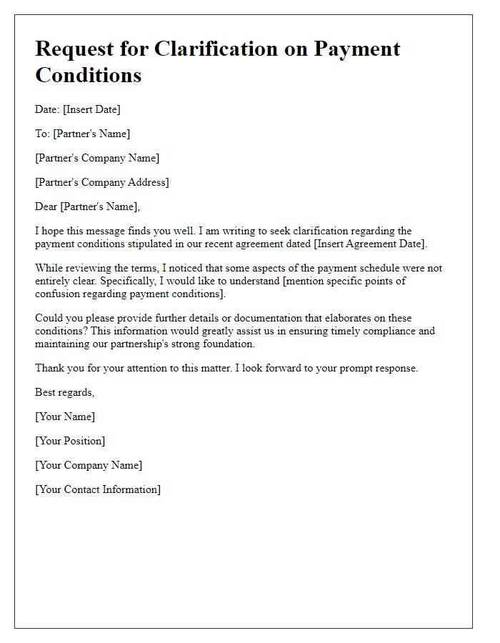 Letter template of request for clarification on payment conditions with partner.