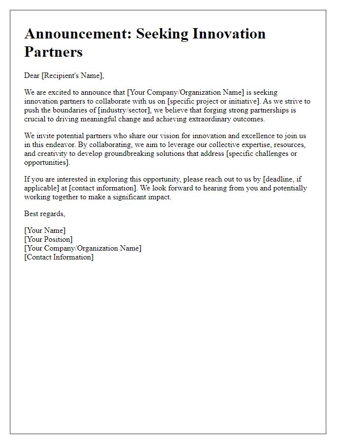 Letter template of announcement for seeking innovation partners