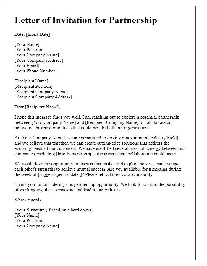 Letter template of call for partnership in new business innovation initiatives