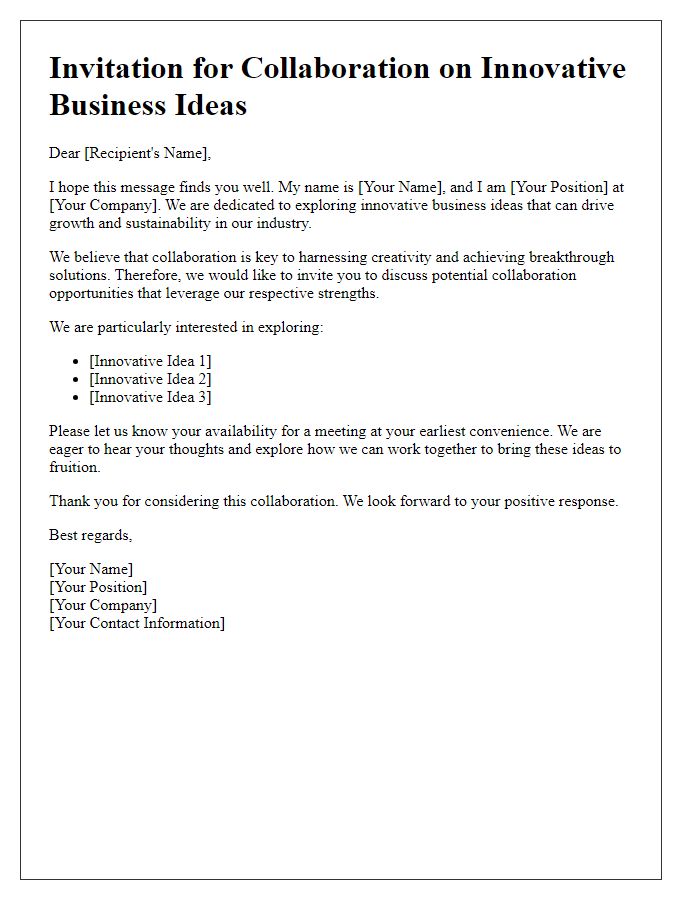 Letter template of invitation for collaboration on innovative business ideas