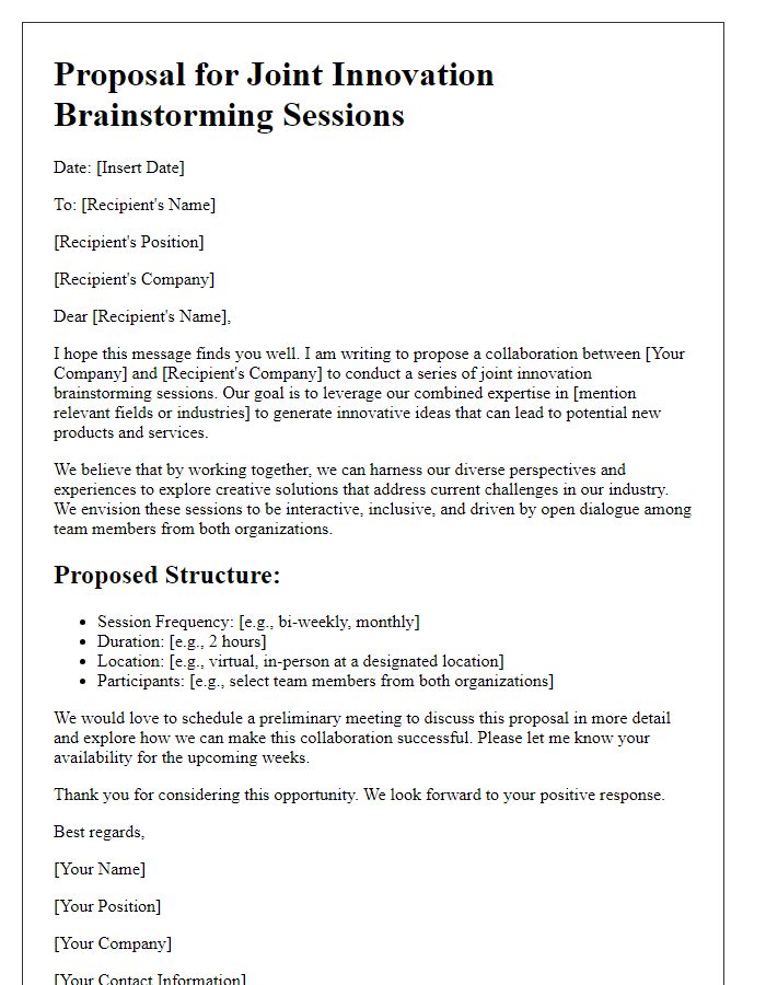 Letter template of proposal for joint innovation brainstorming sessions