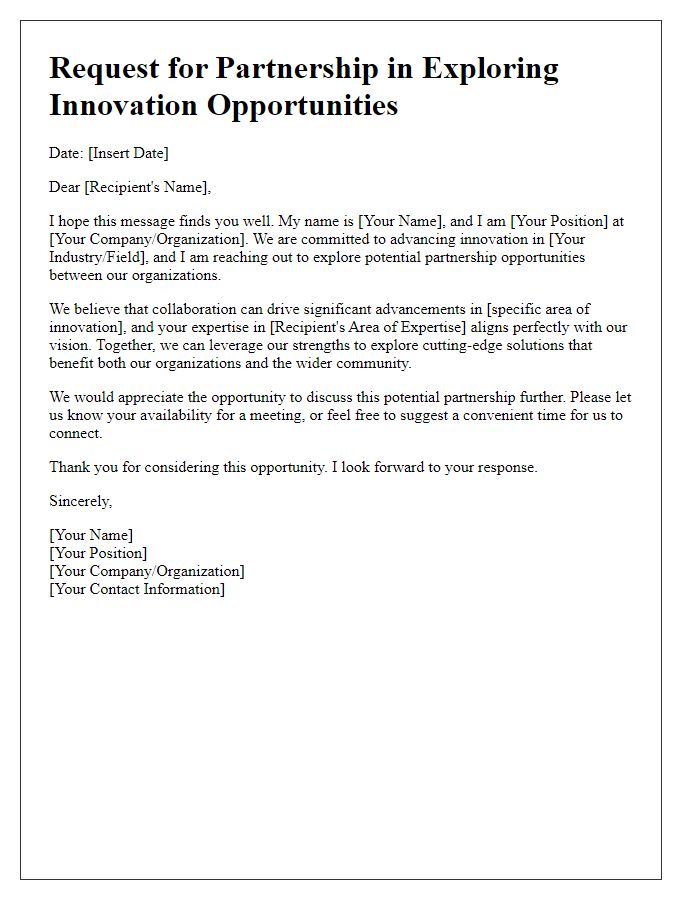 Letter template of request for partnership in exploring innovation opportunities