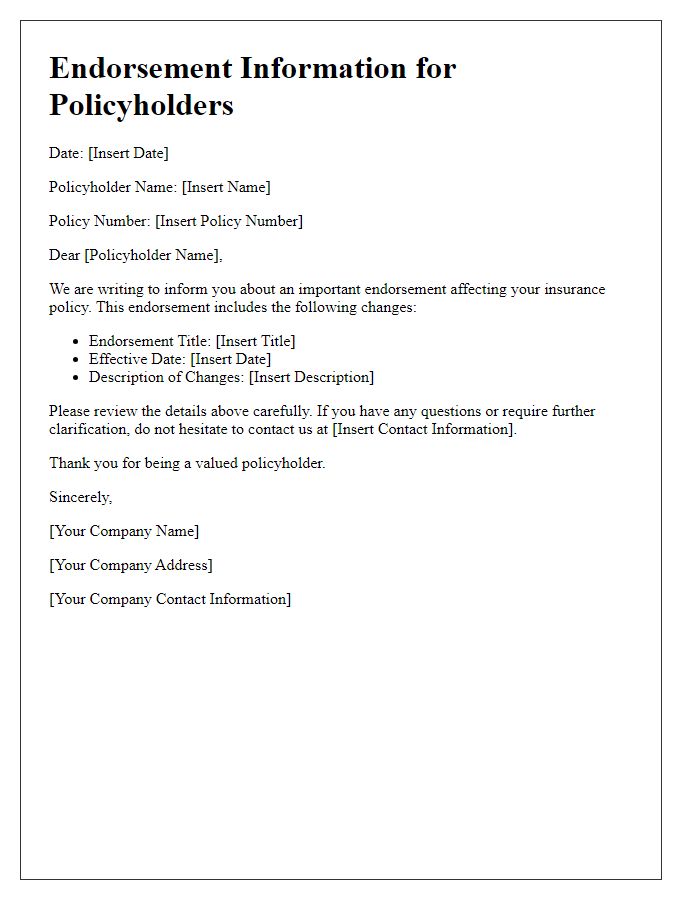 Letter template of Endorsement Information for Policyholders