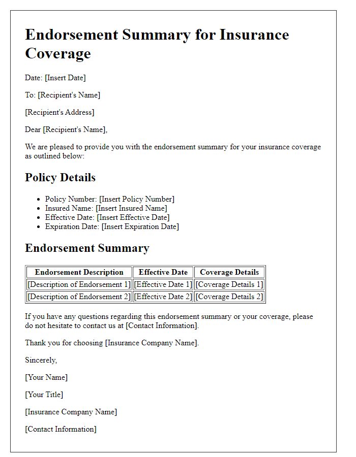 Letter template of Endorsement Summary for Insurance Coverage