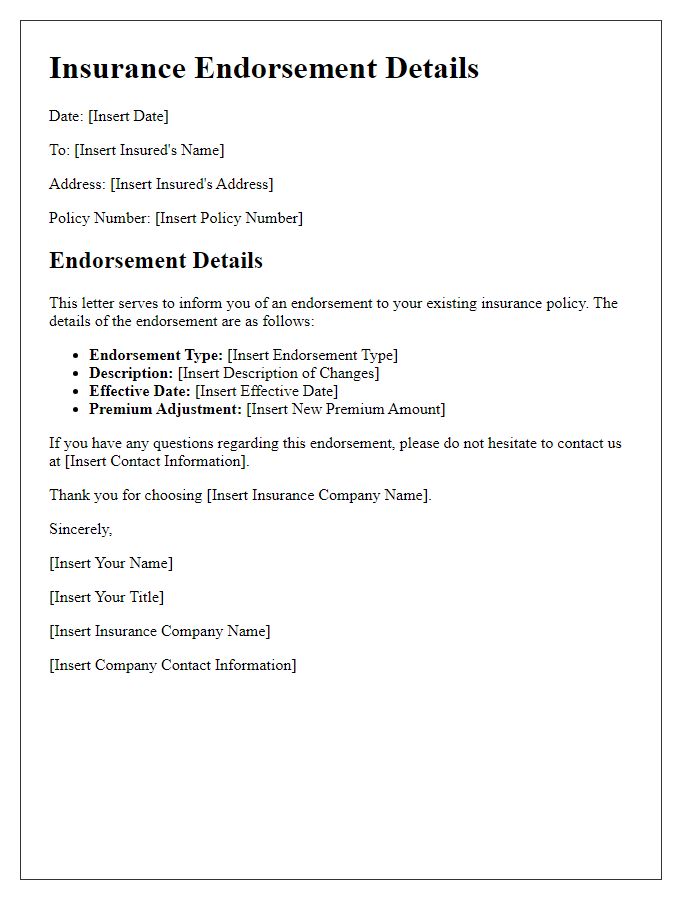 Letter template of Insurance Endorsement Details