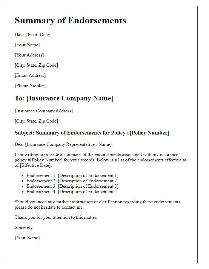 Letter template of Summary of Endorsements to Your Insurance Policy