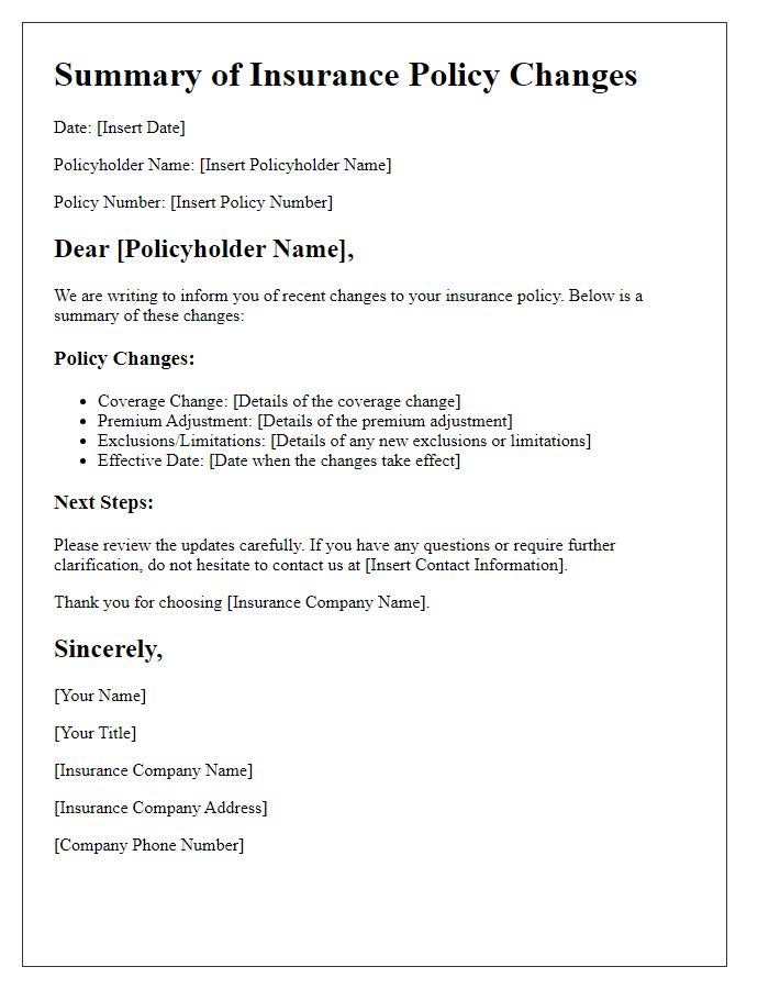 Letter template of Summary of Insurance Policy Changes