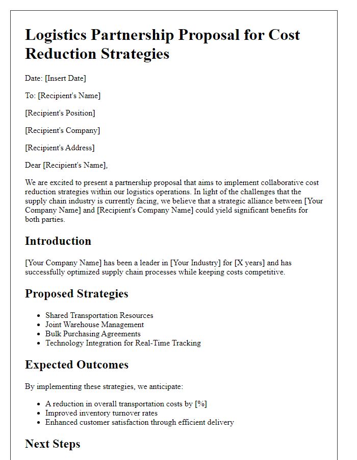 Letter template of logistics partnership proposal for cost reduction strategies.