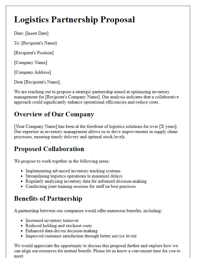 Letter template of logistics partnership proposal for optimizing inventory management.