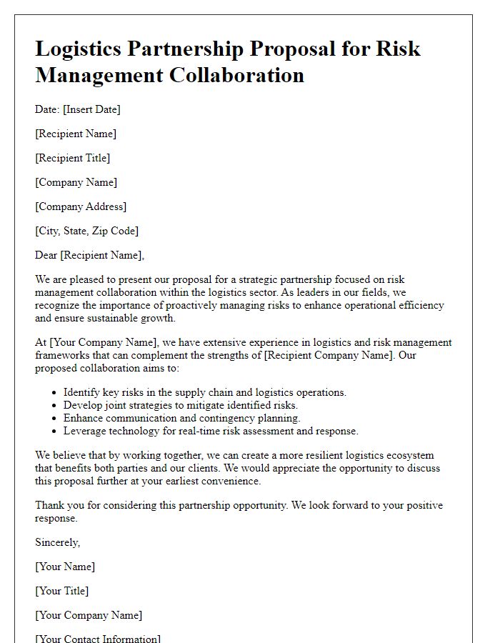 Letter template of logistics partnership proposal for risk management collaboration.