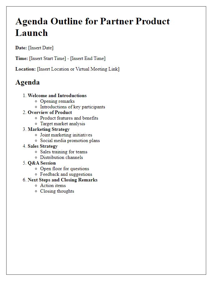 Letter template of agenda outline for partner product launch