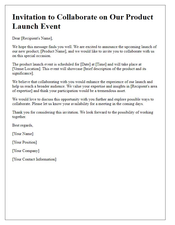 Letter template of collaboration invitation for product launch event