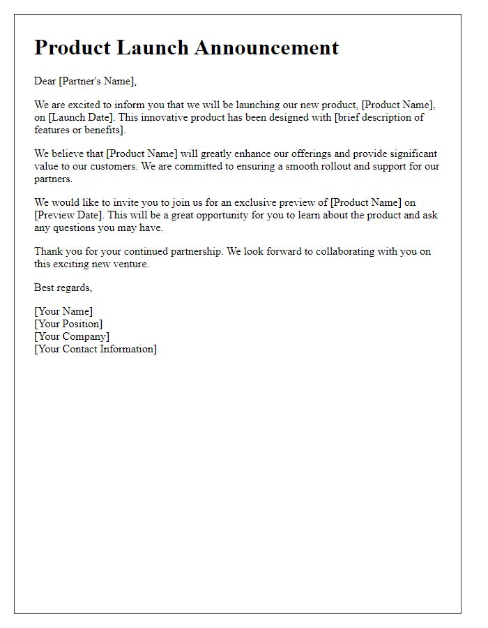 Letter template of product launch announcement to business partners