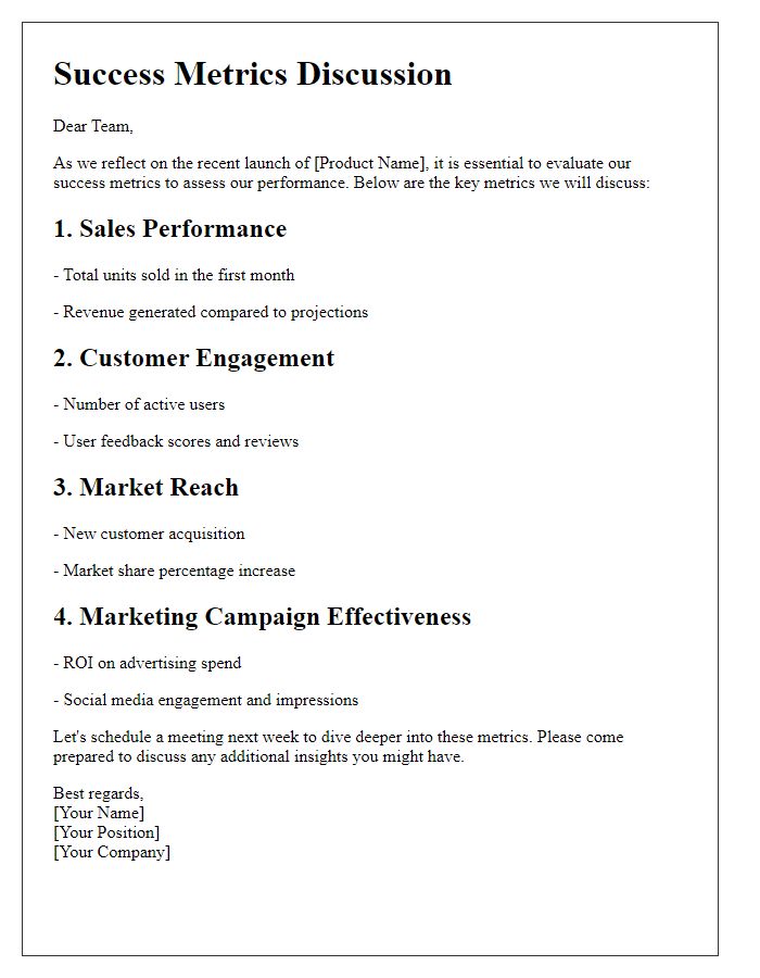 Letter template of success metrics discussion post product launch