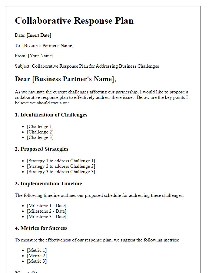 Letter template of collaborative response plan for business partner challenges.