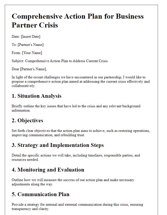 Letter template of comprehensive action plan for business partner crisis.