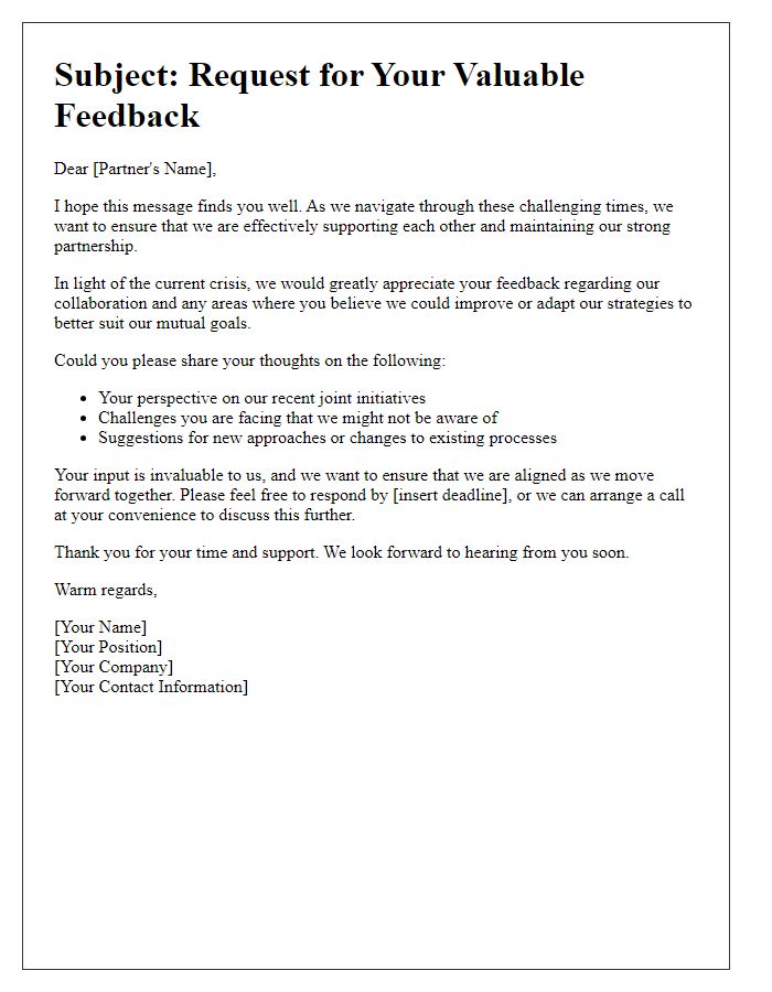 Letter template of feedback request for business partner during crisis.