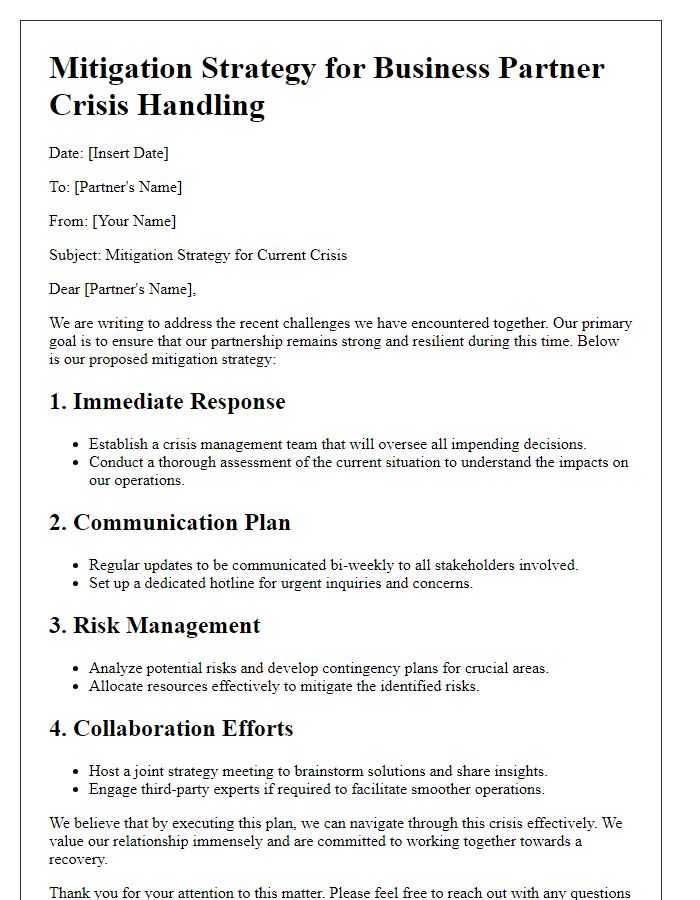 Letter template of mitigation strategy for business partner crisis handling.