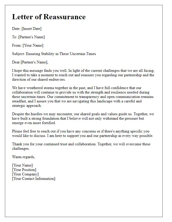 Letter template of reassurance for business partner in times of uncertainty.