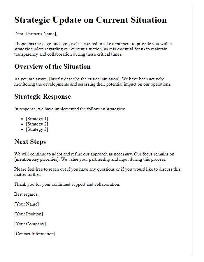 Letter template of strategic update for business partner during critical situation.