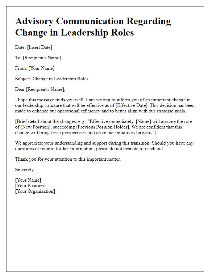 Letter template of advisory communication for change in leadership roles