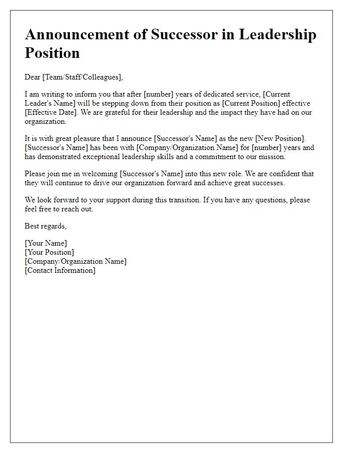 Letter template of announcement for successor in leadership position