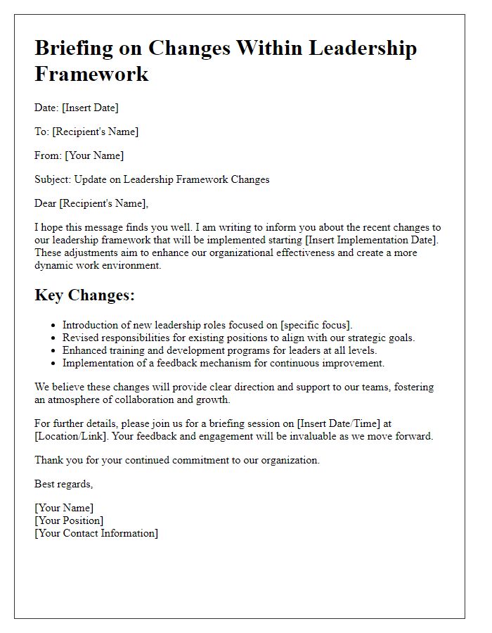 Letter template of briefing on changes within leadership framework