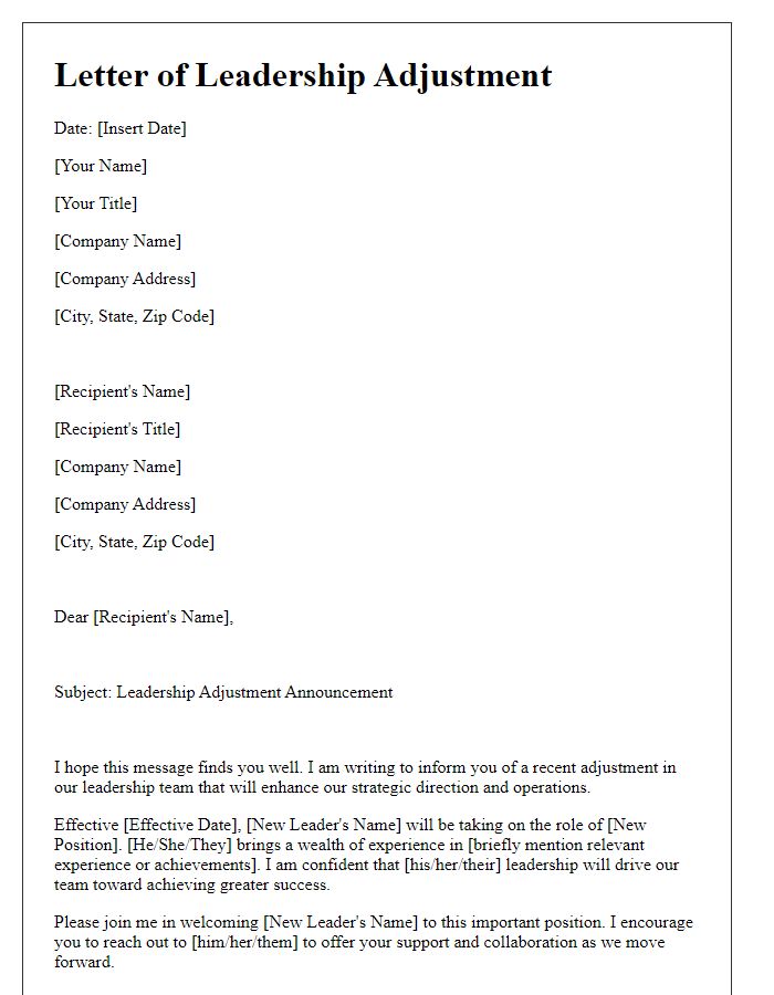 Letter template of business correspondence on leadership adjustment